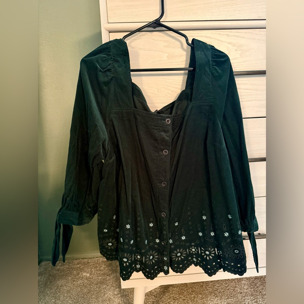 Embroidered Eyelet Corduroy Tie-Sleeve Top